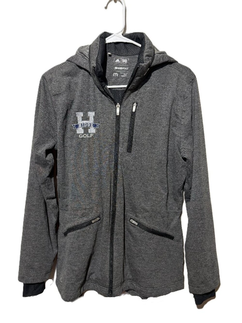 Adidas Climaproof Hooded Jacket Mens M Gray Full Zip Golf Windbreaker Ridge Golf